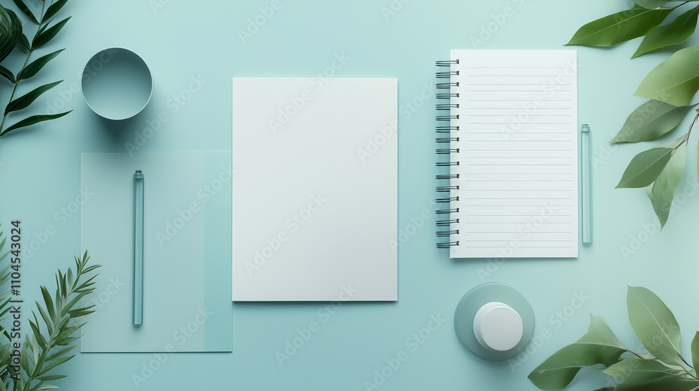 The design of simplicity planning with notebook on blue background The design of simplicity planning with notebook on blue background