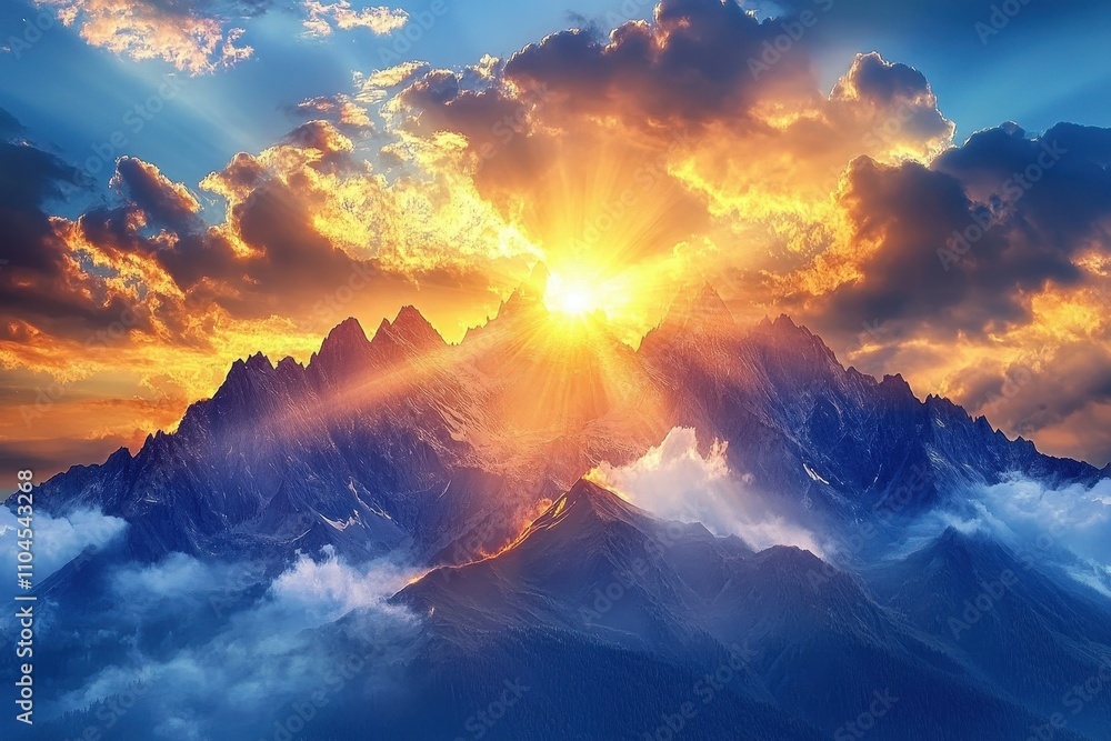 Majestic Mountain Peaks Illuminated by Golden Sunlight Breaking Through Dramatic Clouds in a Serene Landscape Majestic Mountain Peaks Illuminated by Golden Sunlight Breaking Through Dramatic Clouds in a Serene Landscape