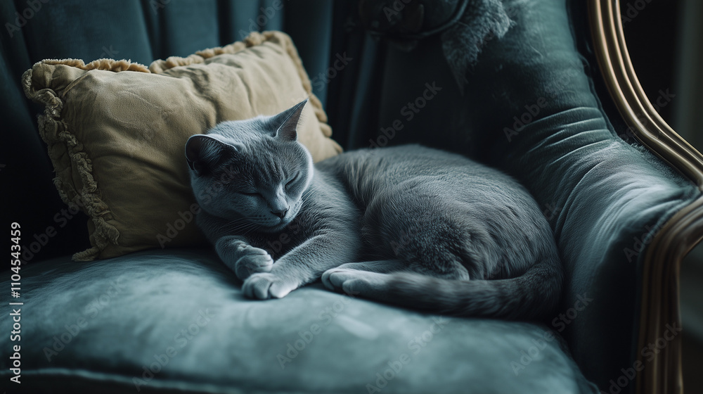 Russian Blue cat napping on an elegant velvet chair Russian Blue cat napping on an elegant velvet chair