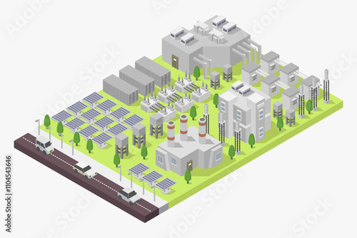 Solar farm power plant with solar cell isometric