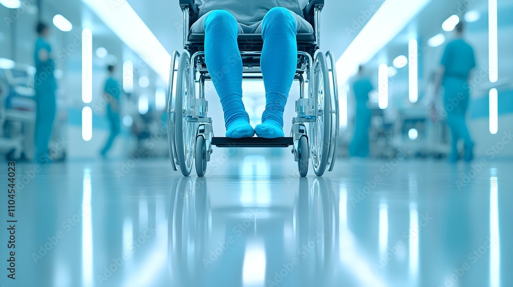 Person with a bright blue cast on their leg, seated in a wheelchair in a hospital hallway, surrounded by softly blurred medical equipment and supportive staff Person with a bright blue cast on their leg, seated in a wheelchair in a hospital hallway, surrounded by softly blurred medical equipment and supportive staff