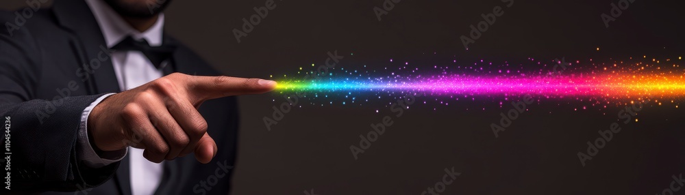 Fototapeta premium Magic Touch Spectrum, a man's hand in a suit creates vibrant rainbow sparkles in a dark space.