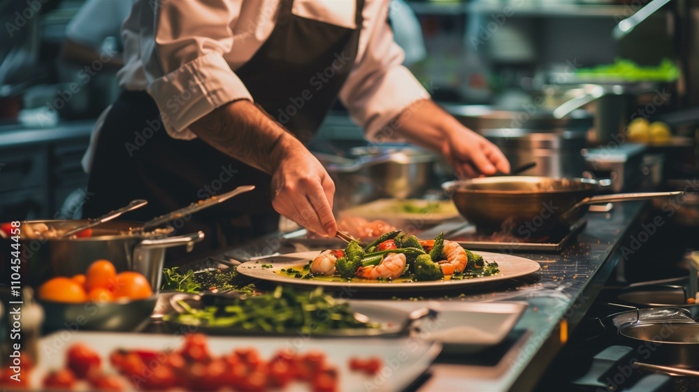 Professional chef meticulously plating a gourmet dish in a modern kitchen
Professional chef meticulously plating a gourmet dish in a modern kitchen