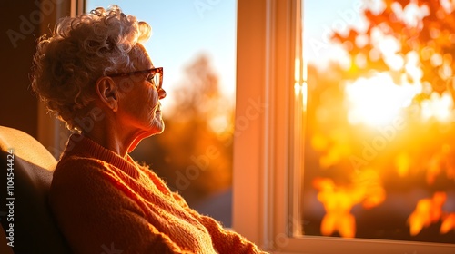 Senior in plaster arm cast, seated near window, warm tones