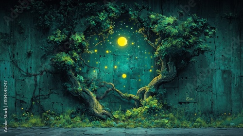 Surreal Earth Day mural showcasing rivers flowing upwards and trees blending into constellations with a dreamlike essence