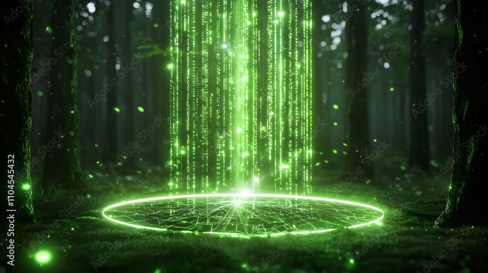 A serene forest with holographic carbon data flowing through the trees, AI visuals enhancing the net-zero concept, neon green patterns, ethereal lighting, futuristic 3D art A serene forest with holographic carbon data flowing through the trees, AI visuals enhancing the net-zero concept, neon green patterns, ethereal lighting, futuristic 3D art