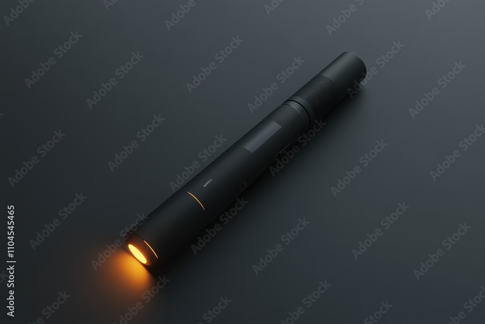 Sleek black injector pen emitting a soft orange glow, placed on a moody dark gray surface with a minimalist and futuristic design Sleek black injector pen emitting a soft orange glow, placed on a moody dark gray surface with a minimalist and futuristic design