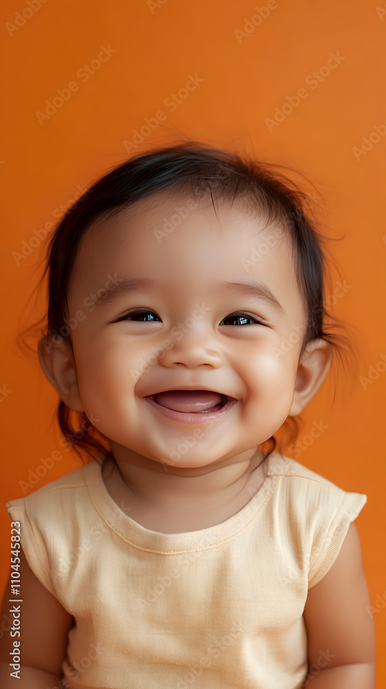 Charming portrait of smiling Indonesian baby girl with joyful expression on clean backdrop Charming portrait of smiling Indonesian baby girl with joyful expression on clean backdrop
