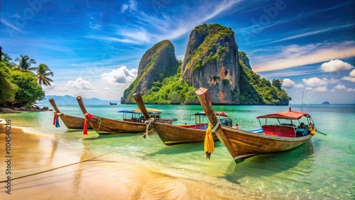 Tropical paradise beach in Thailand with traditional longtail boats, Thailand, tropical, island, beach, travel photo