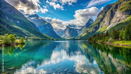 Tranquil lovatnet lake surrounded by majestic mountains in Lodal valley, Norwegian, nature, landscape, tranquil, beautiful photo