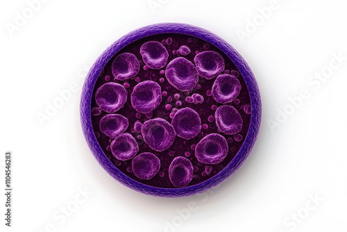 Lymphocyte immune cell activation concept. A circular cluster of purple cells, resembling a microscopic view, showcasing cellular structures in a vibrant, abstract manner.