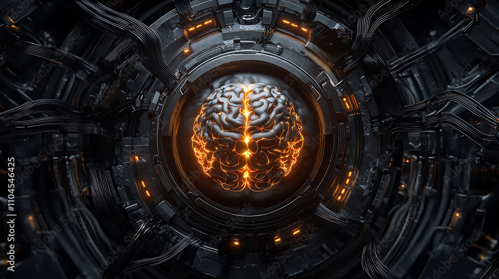 glowing AI brain symbol in futuristic, minimalist design, surrounded by intricate circuitry and glowing elements, representing advanced technology and intelligence glowing AI brain symbol in futuristic, minimalist design, surrounded by intricate circuitry and glowing elements, representing advanced technology and intelligence