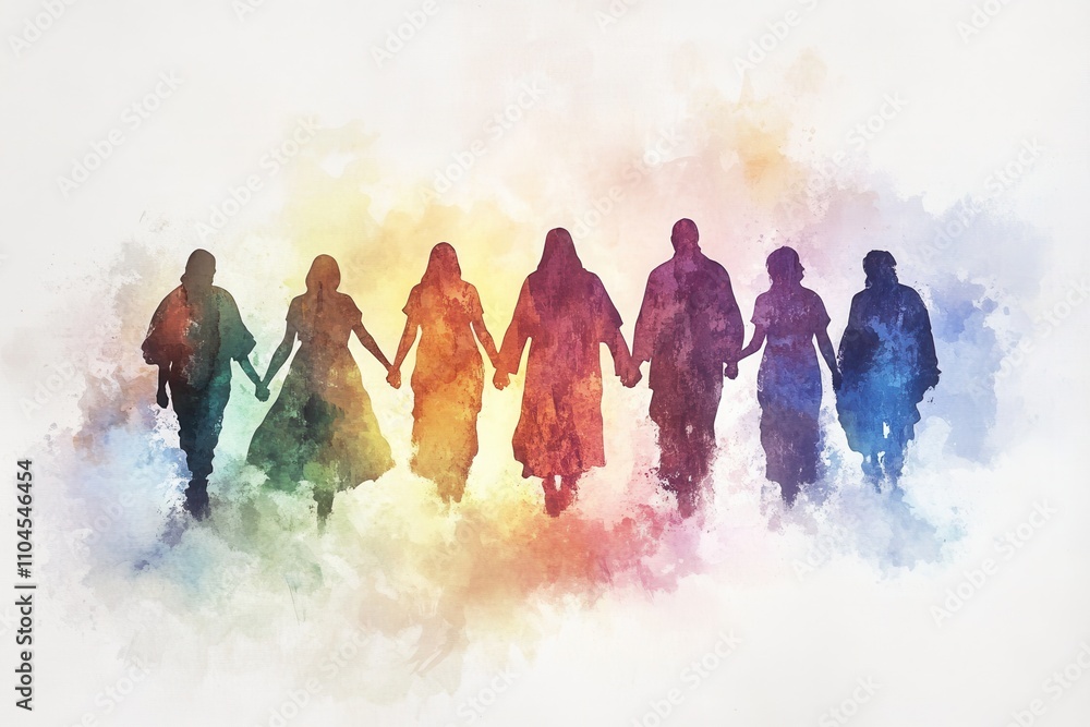 Watercolor-style illustration of diverse individuals holding hands with Jesus Christ, symbolizing unity, faith, and spiritual connection Watercolor-style illustration of diverse individuals holding hands with Jesus Christ, symbolizing unity, faith, and spiritual connection
