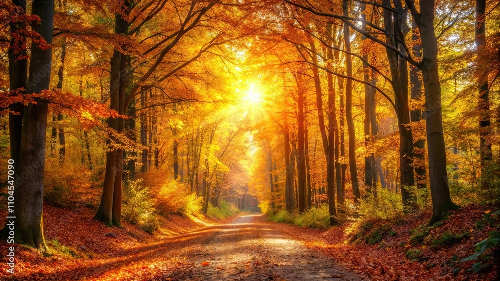 Fototapeta premium Sunlit forest paths lined with vibrant autumn leaves and golden light filtering through the trees, autumn, fall, glowing