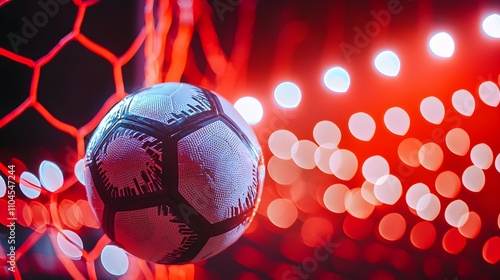 Close-up of soccer ball near goal, intense stadium atmosphere photo