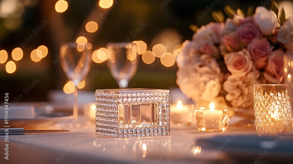 Ornate wedding table with crystal glassware, floral display, candle-lit ambiance Ornate wedding table with crystal glassware, floral display, candle-lit ambiance