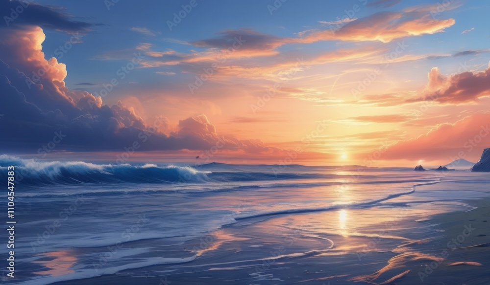 Fototapeta premium painting of a sunset on a beach with wave background