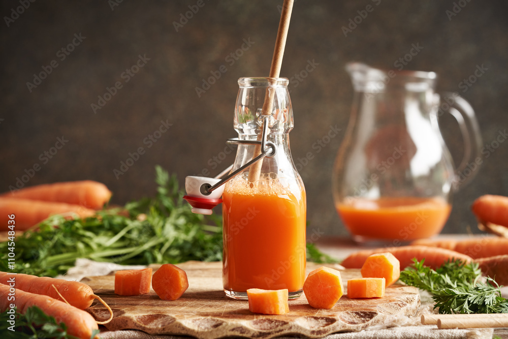 A bottle of fresh carrot juice with ecological paper straw. Zero waste. A bottle of fresh carrot juice with ecological paper straw. Zero waste.