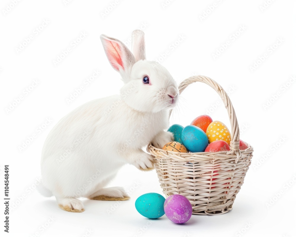 A cute white rabbit curiously peeks at a basket filled with colorful Easter eggs. A cute white rabbit curiously peeks at a basket filled with colorful Easter eggs.