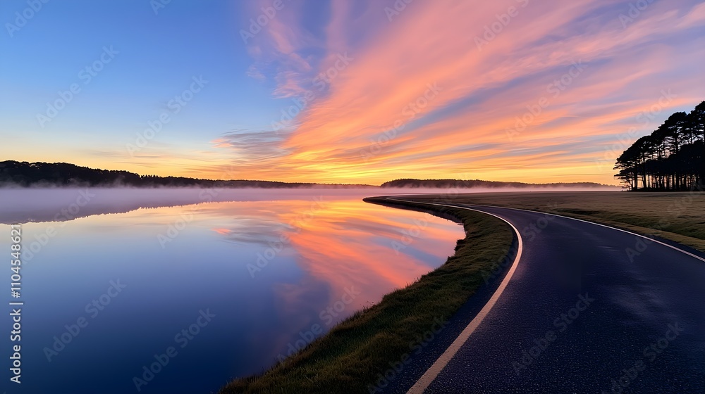 A quiet road beside a calm lake at dawn, pale pink and blue skies mirrored in the water, mist hovering above the surface, early morning peace