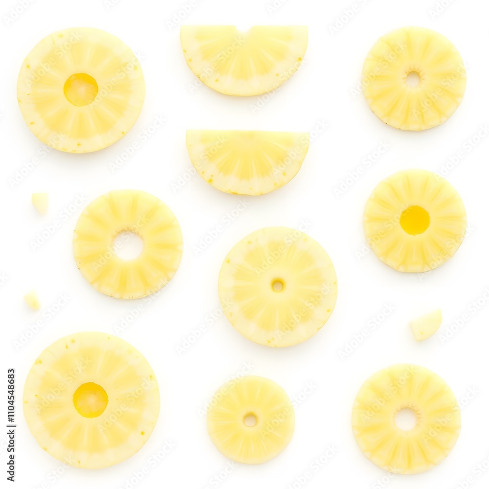 Collection of Fresh Pineapple Halves and Slices on a White Background, Tropical Fruit Concept Collection of Fresh Pineapple Halves and Slices on a White Background, Tropical Fruit Concept
