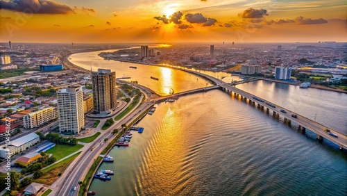 Aerial view of Lagos waterside buildings and roads during sunset, Lagos, Nigeria, cityscape, waterfront, buildings, sunset