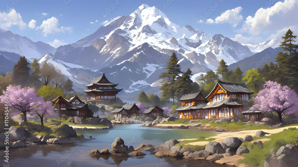 Serene Mountain Village Illustration Serene Mountain Village Illustration