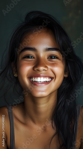 Joyful smiling portrait of Indonesian young adult girl with radiant expression on clean and simple backdrop