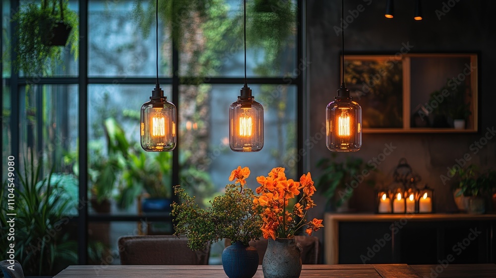 Three Edison-style pendant lights illuminate a dining table with flowers and candles in a modern, plant-filled room. Three Edison-style pendant lights illuminate a dining table with flowers and candles in a modern, plant-filled room.