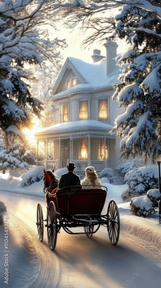 Snow-covered trees frame a cozy carriage ride as two people drive towards a charming white house, evoking warm holiday memories