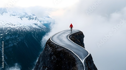 A road full of unexpected turns and sharp cliffs, with dangerous obstacles, but a determined traveler in a bright red jacket moves confidently toward a shining valley below photo