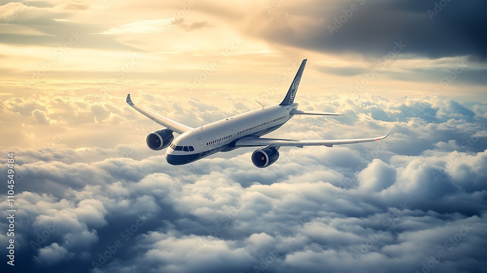 Obraz premium Elegant Airplane Flying Above Clouds During Golden Hour Sunset : Generative AI