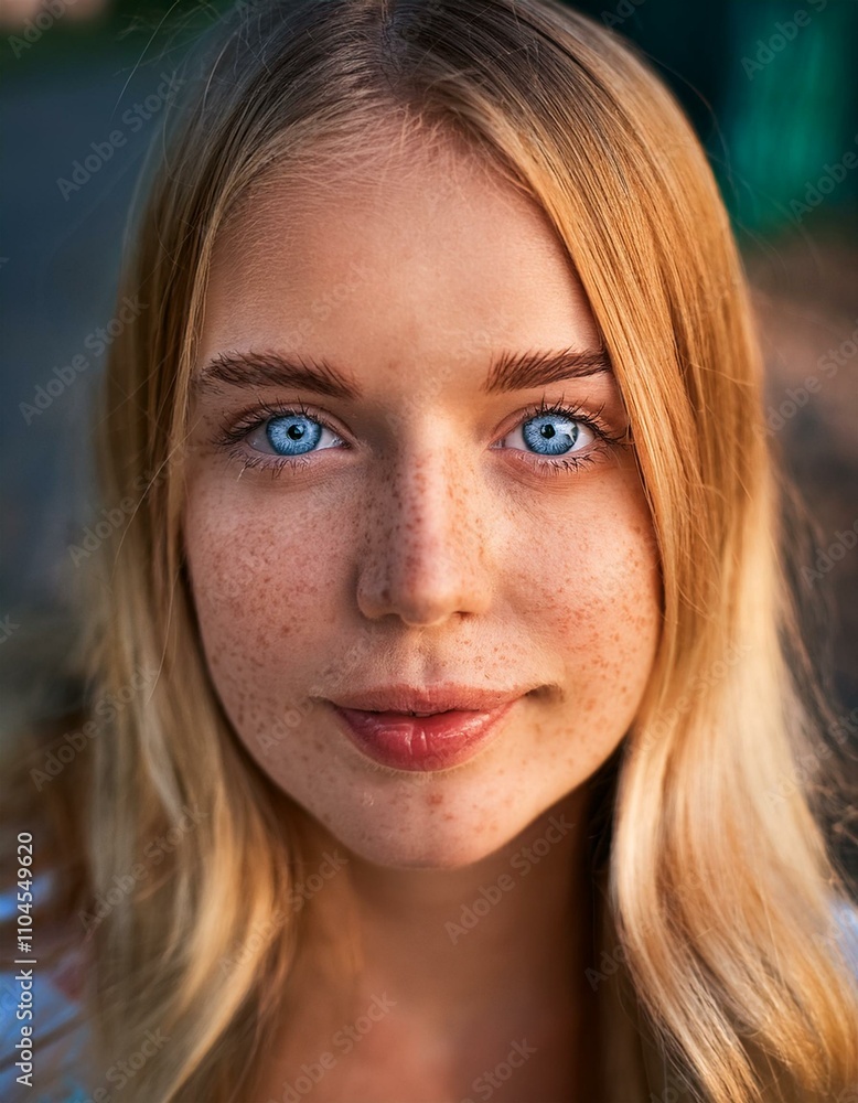 closeup of a beautiful woman with freckles blonde hair and bright blue eyes closeup of a beautiful woman with freckles blonde hair and bright blue eyes