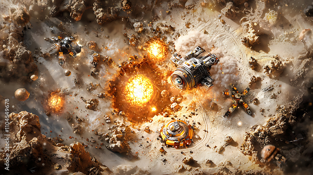 Aerial view of sci fi landscape with explosions and futuristic structures, showcasing dramatic scene of conflict and technology Aerial view of sci fi landscape with explosions and futuristic structures, showcasing dramatic scene of conflict and technology