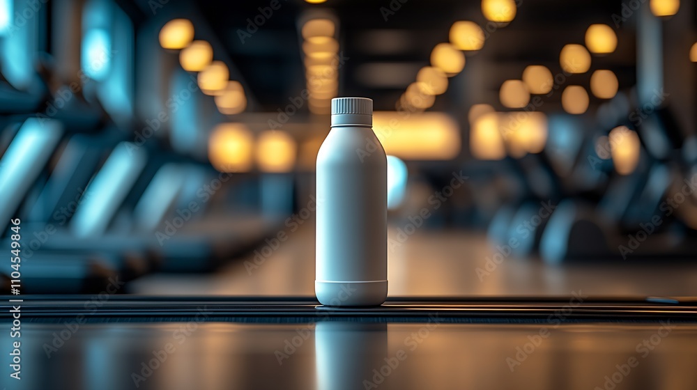 Minimal White Bottle on Fitness Treadmill in Contemporary Gym Design : Generative AI Minimal White Bottle on Fitness Treadmill in Contemporary Gym Design : Generative AI