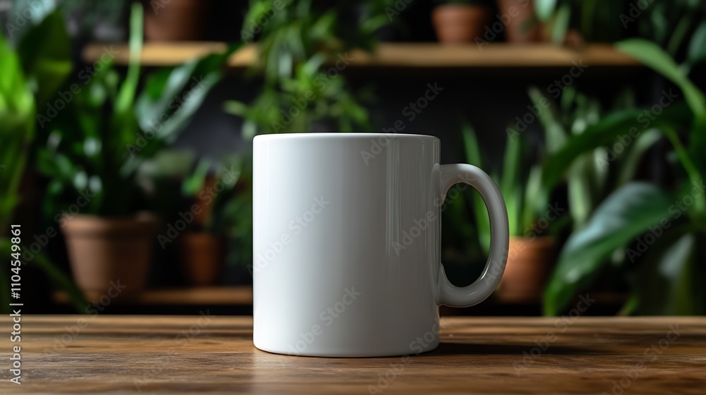 Simple White Mug On Rustic Wooden Table Surrounded By Green Foliage For Nature Inspired Design : Generative AI Simple White Mug On Rustic Wooden Table Surrounded By Green Foliage For Nature Inspired Design : Generative AI