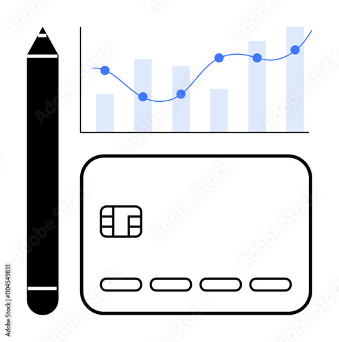 Graph with trendline and bar chart, credit card, and pencil. Ideal for finance, banking, business planning, investment, data analysis personal finance educational tools. Line metaphor