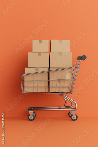 Supermarket Trolley Filled with Boxes on Plain Pastel Background with Space for Text, Shopping Cart with Parcels, 3D Illustration