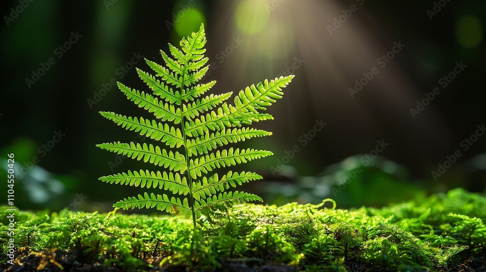 A vibrant fern stands on moss in a sunlit forest, showcasing nature's beauty and tranquility. A vibrant fern stands on moss in a sunlit forest, showcasing nature's beauty and tranquility.
