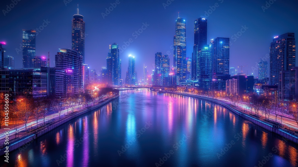Naklejka premium Vibrant city skyline at night reflecting on a river.