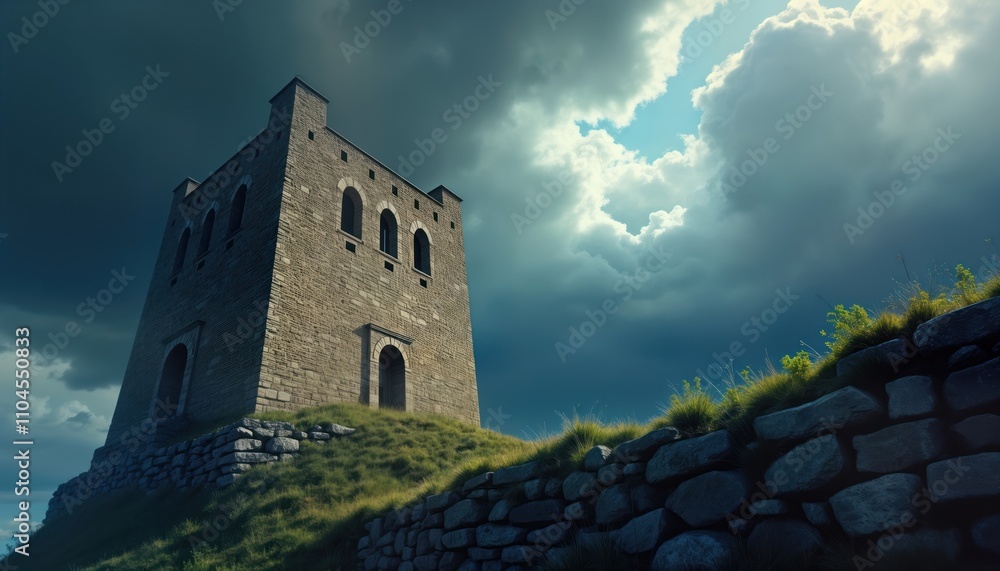 Ancient stone tower stands tall against stormy sky. Ruined structure displays historical grandeur. Rugged texture, impressive height. Scenic landscape. Suggests travel to historical locations. Ancient stone tower stands tall against stormy sky. Ruined structure displays historical grandeur. Rugged texture, impressive height. Scenic landscape. Suggests travel to historical locations.