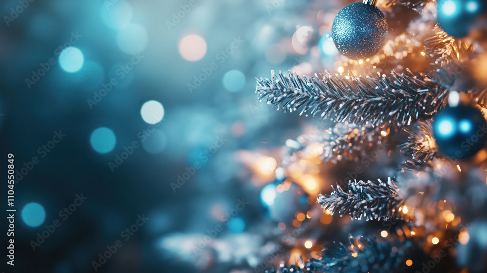 Festive Christmas tree background with blue and silver ornaments, glowing blue bokeh lights in the background and free copy space for text placement Festive Christmas tree background with blue and silver ornaments, glowing blue bokeh lights in the background and free copy space for text placement