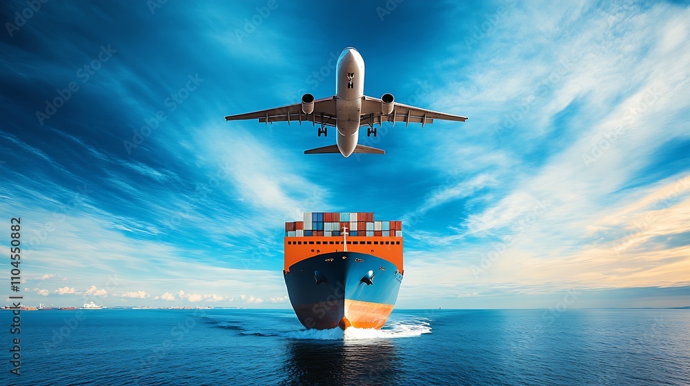 Naklejka premium Harmonious Coexistence of Airplane and Ship in a Grand Ocean and Sky Panorama : Generative AI