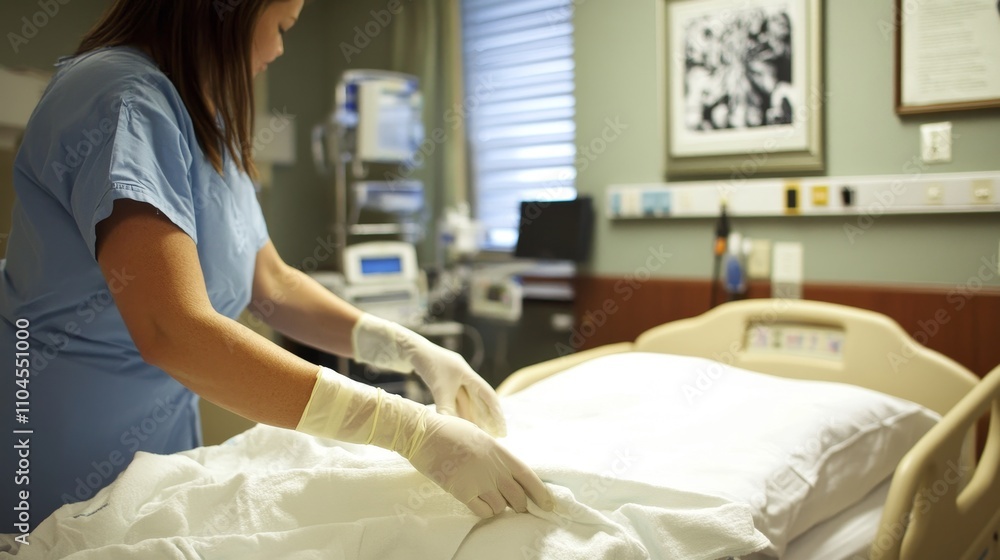 A cheerful nurse is meticulously arranging bed sheets in a welllit, bright hospital room filled with care A cheerful nurse is meticulously arranging bed sheets in a welllit, bright hospital room filled with care