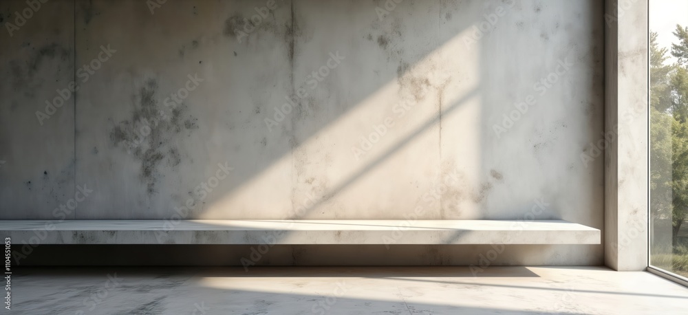 Obraz premium Empty concrete shelf against textured concrete wall. Sunlight casts shadows on surface. Indoor scene. Modern style. Minimalist design. Empty space for product display. Interior. Great background for