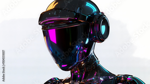 Female posed 3d android with irridesent metalic texture isolated on a transparent background. Chromatic. Illustration photo