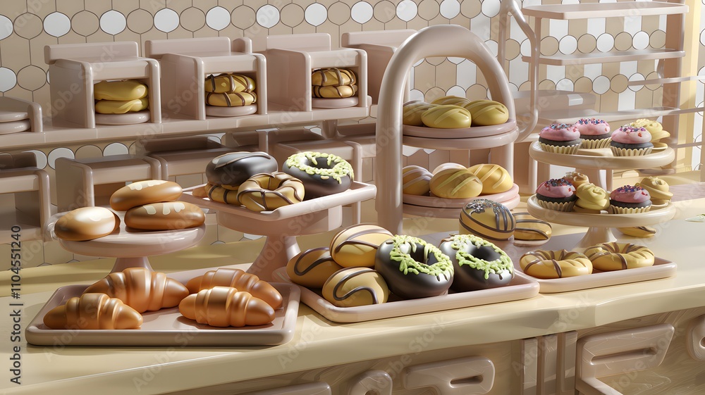 Naklejka premium A display of donuts and croissants in a bakery attracts customers