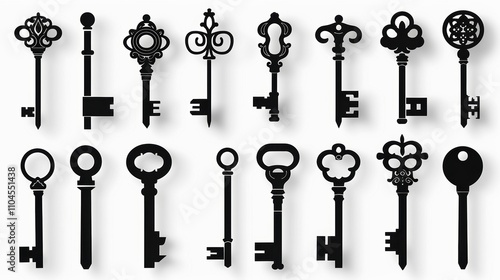 Collection of decorative vintage keys in various shapes and designs.