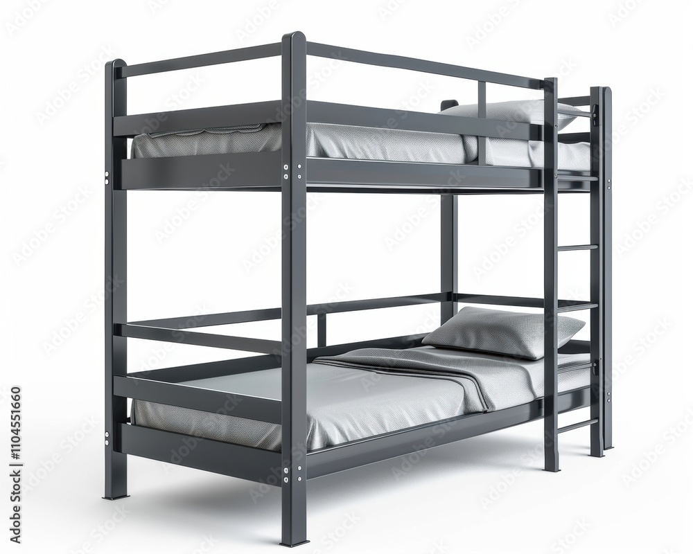 A modern, sleek gray metal bunk bed with two neatly made beds and soft gray bedding. A modern, sleek gray metal bunk bed with two neatly made beds and soft gray bedding.
