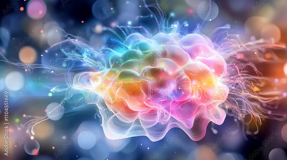 vibrant, psychedelic representation of brain with colorful neural connections, symbolizing AI processing and creativity vibrant, psychedelic representation of brain with colorful neural connections, symbolizing AI processing and creativity